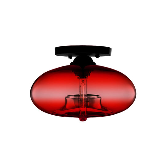 Industrial Semi Flush Ceiling Light with Oval Red/Brown/Blue Glass Shade - Black Finish, Ideal for Living Room