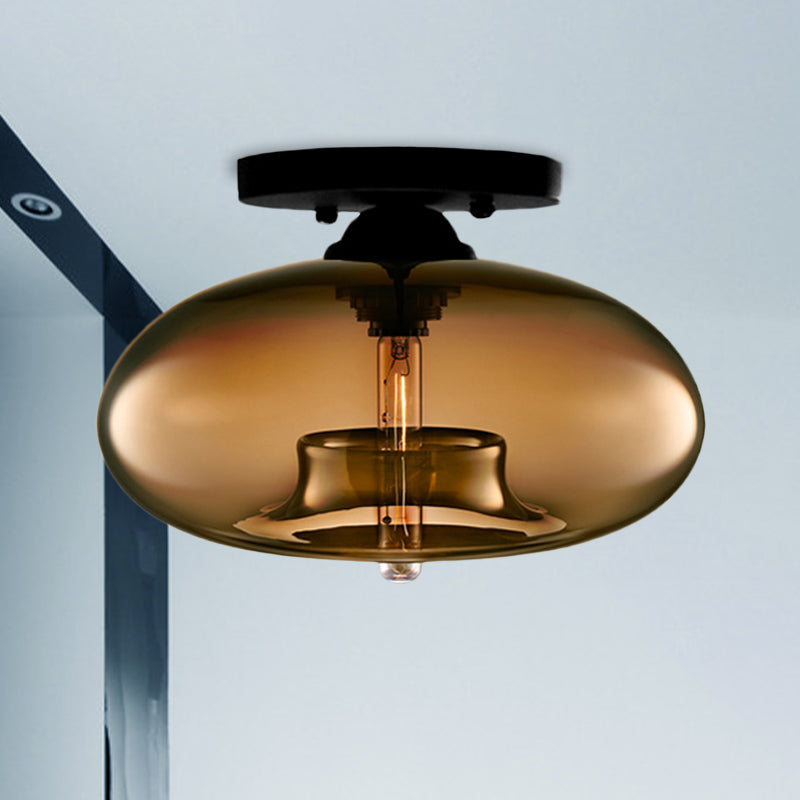 Industrial Semi Flush Ceiling Light with Oval Red/Brown/Blue Glass Shade - Black Finish, Ideal for Living Room