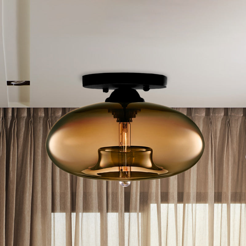 Industrial Semi Flush Ceiling Light with Oval Red/Brown/Blue Glass Shade - Black Finish, Ideal for Living Room