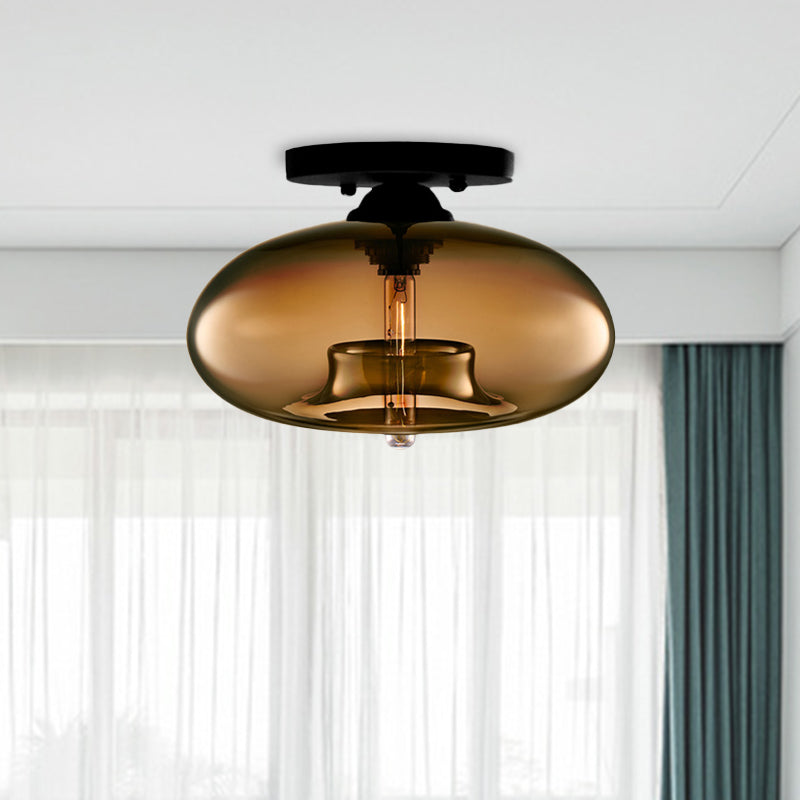 Industrial Semi Flush Ceiling Light with Oval Red/Brown/Blue Glass Shade - Black Finish, Ideal for Living Room