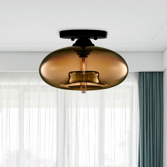 Industrial Semi Flush Ceiling Light With Oval Red/Brown/Blue Glass Shade - Black Finish Ideal For