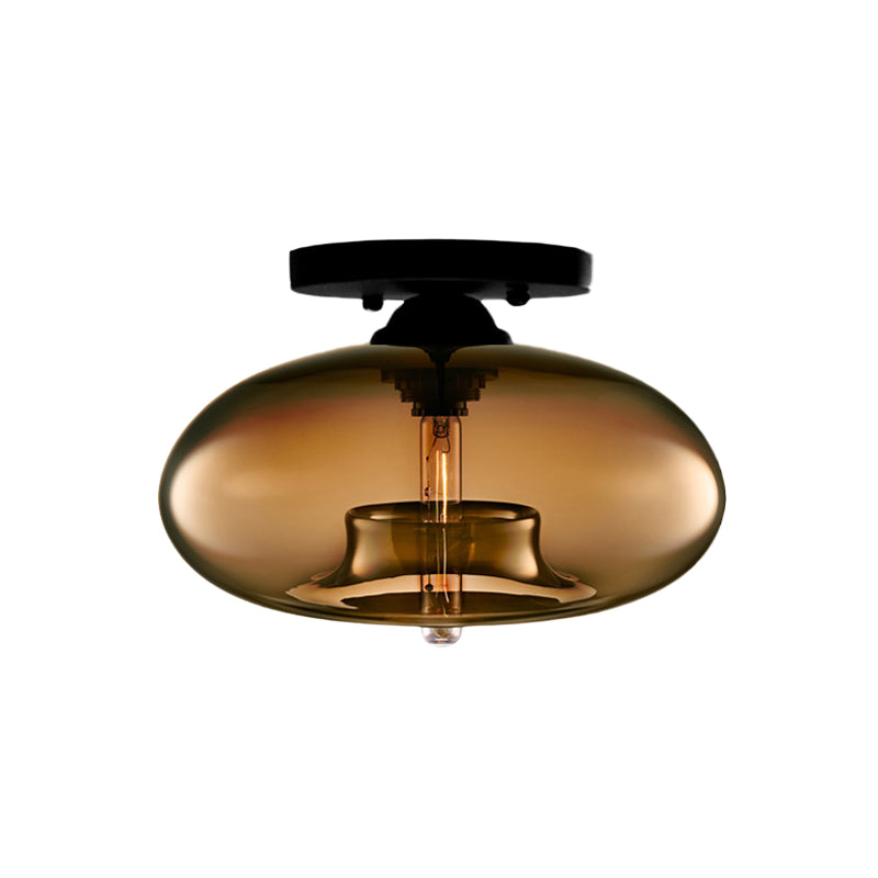 Industrial Semi Flush Ceiling Light with Oval Red/Brown/Blue Glass Shade - Black Finish, Ideal for Living Room