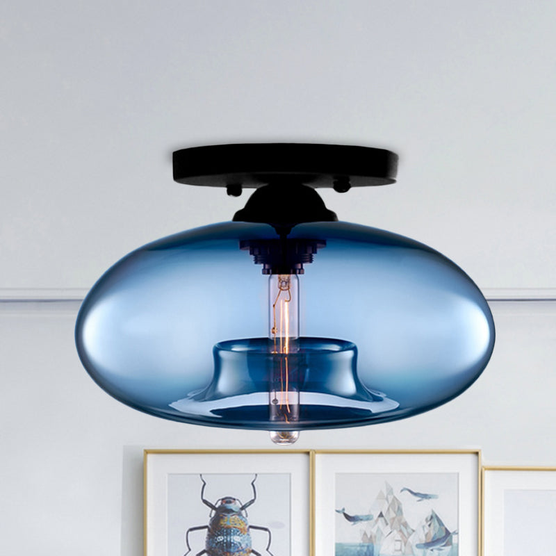 Industrial Semi Flush Ceiling Light with Oval Red/Brown/Blue Glass Shade - Black Finish, Ideal for Living Room