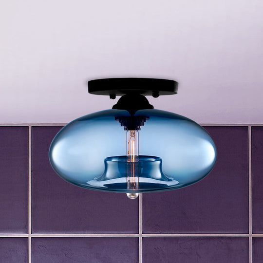 Industrial Semi Flush Ceiling Light with Oval Red/Brown/Blue Glass Shade - Black Finish, Ideal for Living Room