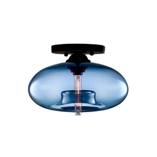 Industrial Semi Flush Ceiling Light with Oval Red/Brown/Blue Glass Shade - Black Finish, Ideal for Living Room