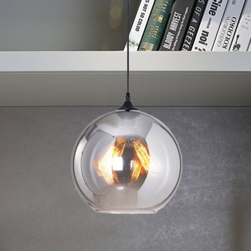 1-Light Industrial Globe Pendant Lighting In Black With Grey Glass Shade For Indoor Use