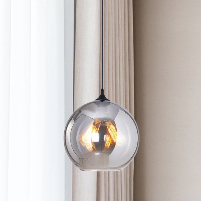 1-Light Industrial Globe Pendant Lighting In Black With Grey Glass Shade For Indoor Use