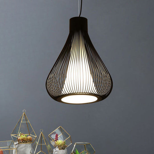 Retro Industrial Pendant Light Fixture - Metallic Black/White Teardrop Cage Shade Single Bulb