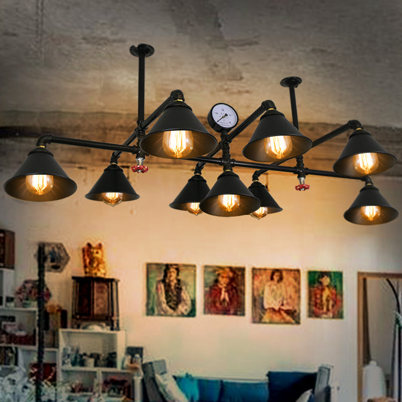 Industrial Black Iron Chandelier With 9 Cone Shade Pendant Lights For Living Room - Gauge Accent