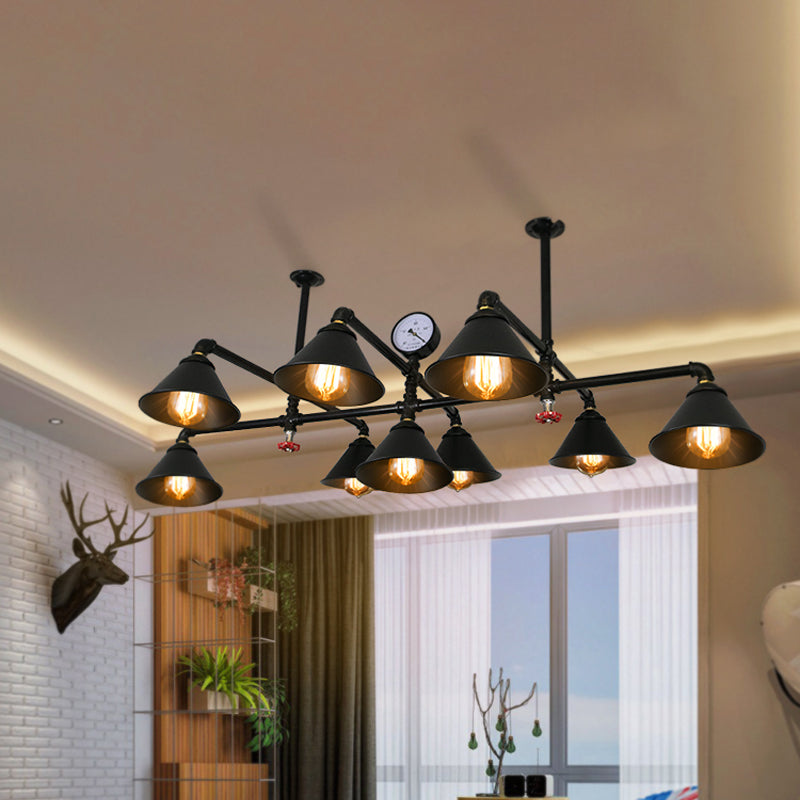 Iron Chandelier Pendant Light with Cone Shade - Industrial 9 Lights for Living Room - Black Finish