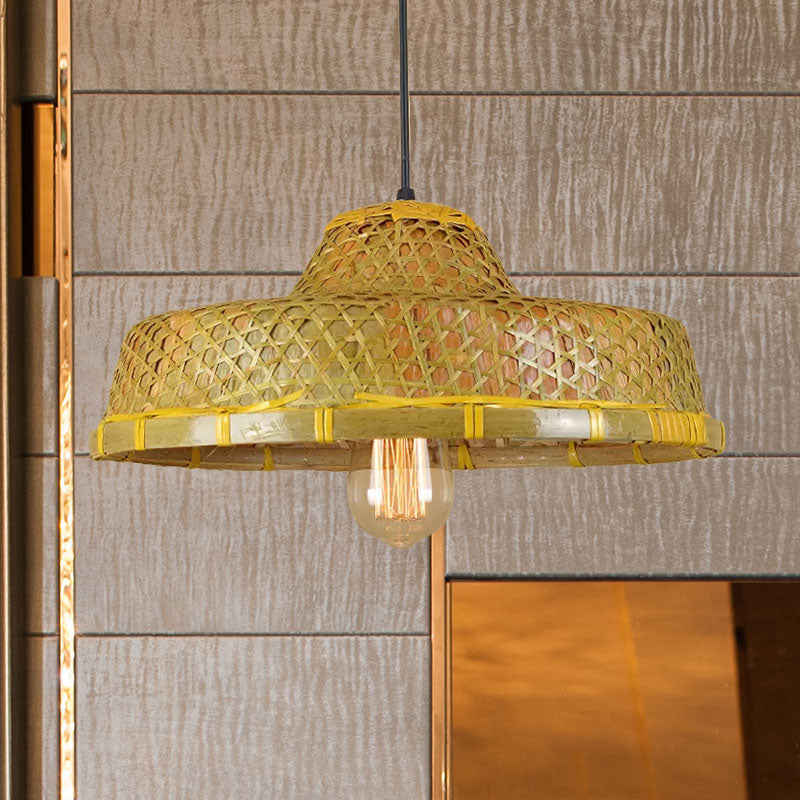 Hanging Rustic Bamboo Pendant Lamp With Hat-Shaped Shade - Perfect For Dining Tables!