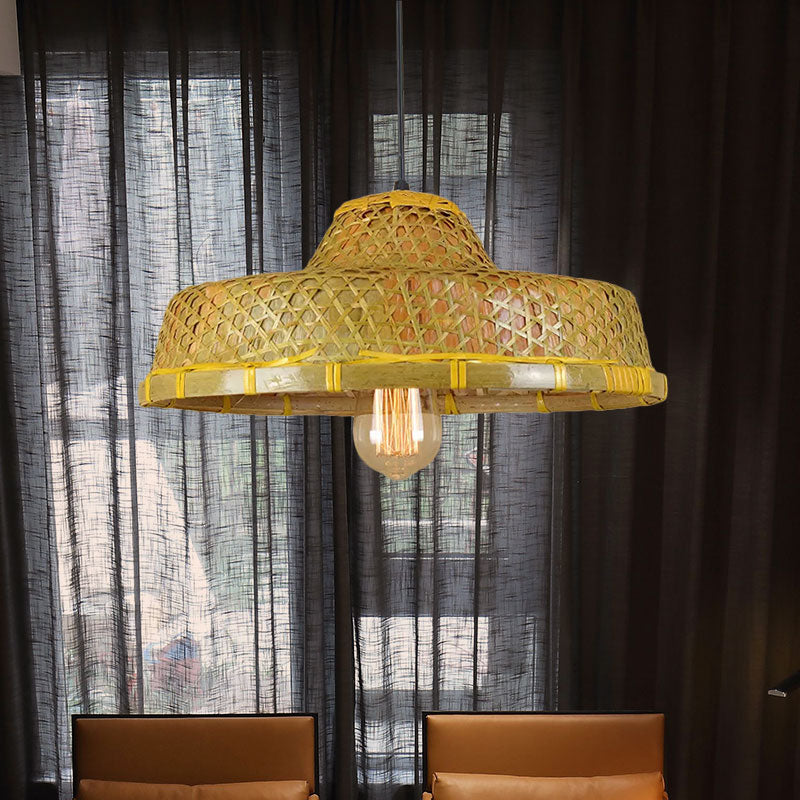 Hanging Rustic Bamboo Pendant Lamp With Hat-Shaped Shade - Perfect For Dining Tables!