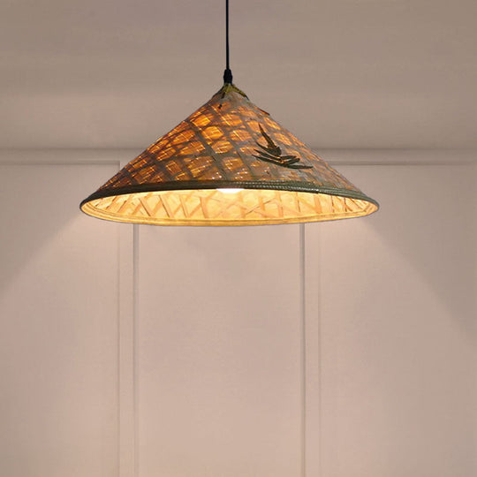 Hanging Rustic Bamboo Pendant Lamp With Hat-Shaped Shade - Perfect For Dining Tables!