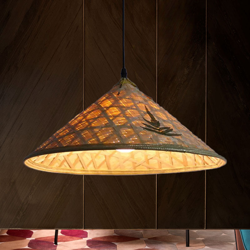 Hanging Rustic Bamboo Pendant Lamp With Hat-Shaped Shade - Perfect For Dining Tables!