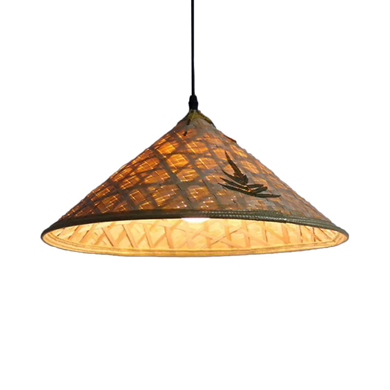 Hanging Rustic Bamboo Pendant Lamp With Hat-Shaped Shade - Perfect For Dining Tables!