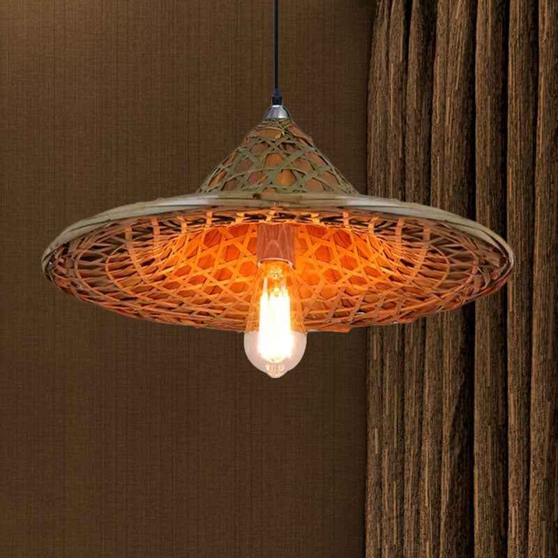 Hanging Rustic Bamboo Pendant Lamp With Hat-Shaped Shade - Perfect For Dining Tables!