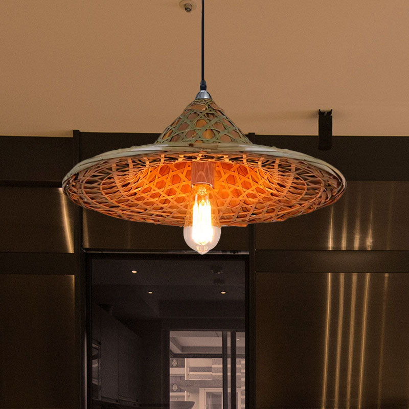 Hanging Rustic Bamboo Pendant Lamp With Hat-Shaped Shade - Perfect For Dining Tables!