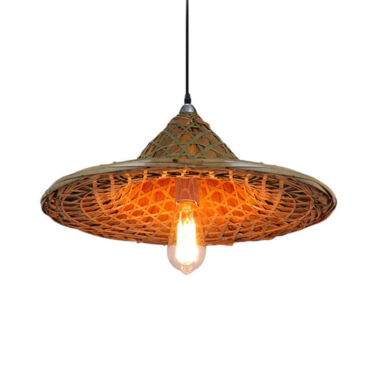 Hanging Rustic Bamboo Pendant Lamp With Hat-Shaped Shade - Perfect For Dining Tables!