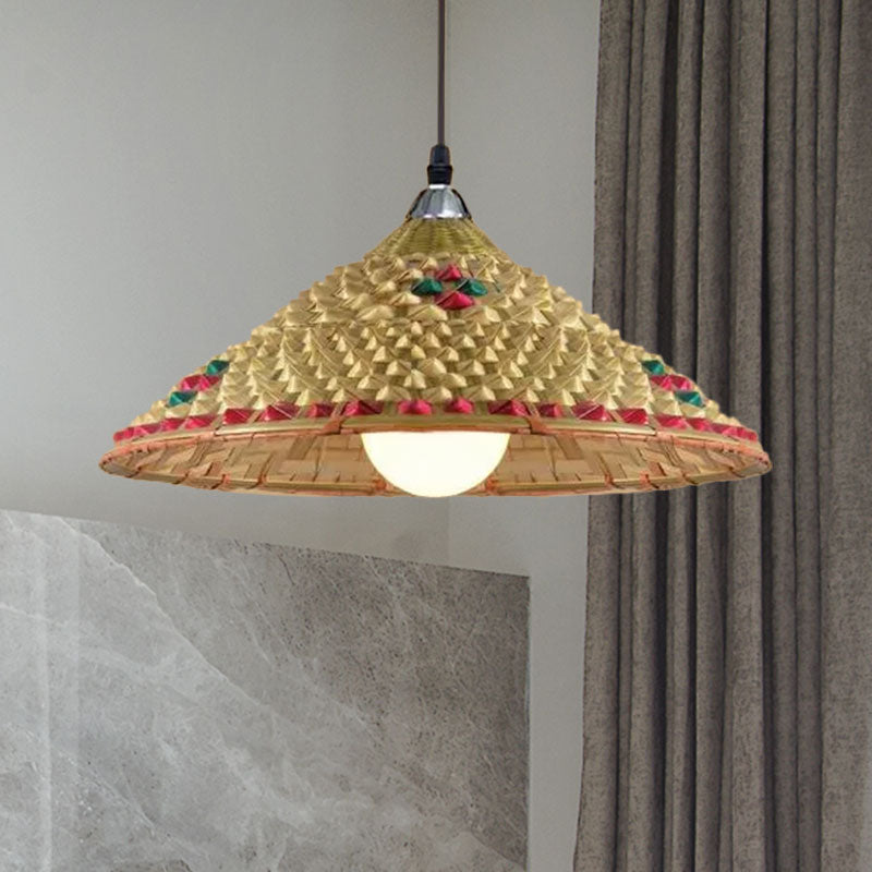 Hanging Rustic Bamboo Pendant Lamp With Hat-Shaped Shade - Perfect For Dining Tables!