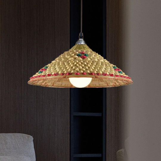 Hanging Rustic Bamboo Pendant Lamp With Hat-Shaped Shade - Perfect For Dining Tables!