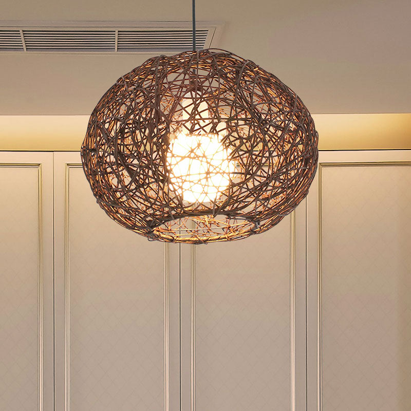 Farmhouse Rattan Single Pendant Lamp - Brown/Ivory Birds Nest Design For Table