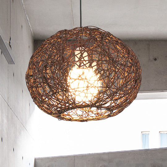 Farmhouse Rattan Single Pendant Lamp - Brown/Ivory Birds Nest Design For Table