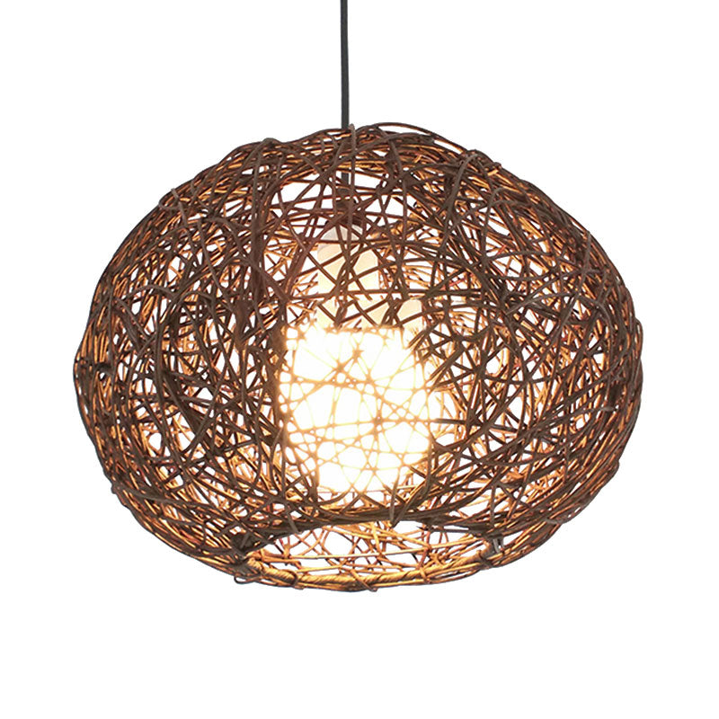 Farmhouse Rattan Single Pendant Lamp - Brown/Ivory Birds Nest Design For Table