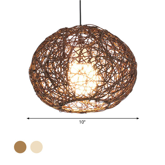 Farmhouse Rattan Single Pendant Lamp - Brown/Ivory Birds Nest Design For Table