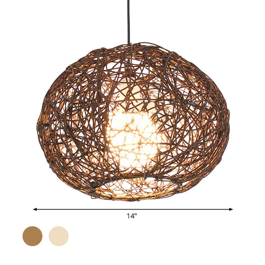 Farmhouse Rattan Single Pendant Lamp - Brown/Ivory Birds Nest Design For Table