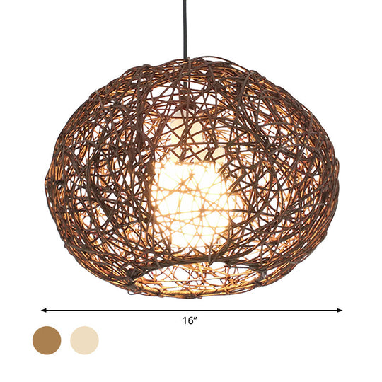 Farmhouse Rattan Single Pendant Lamp - Brown/Ivory Birds Nest Design For Table