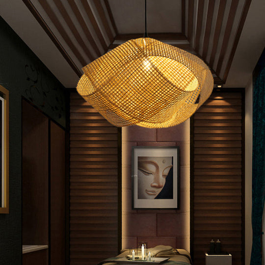 Handcrafted Asian Rattan Pendant Light With Twist Design - 16/19.5 Diameter 1-Light Ceiling Fixture