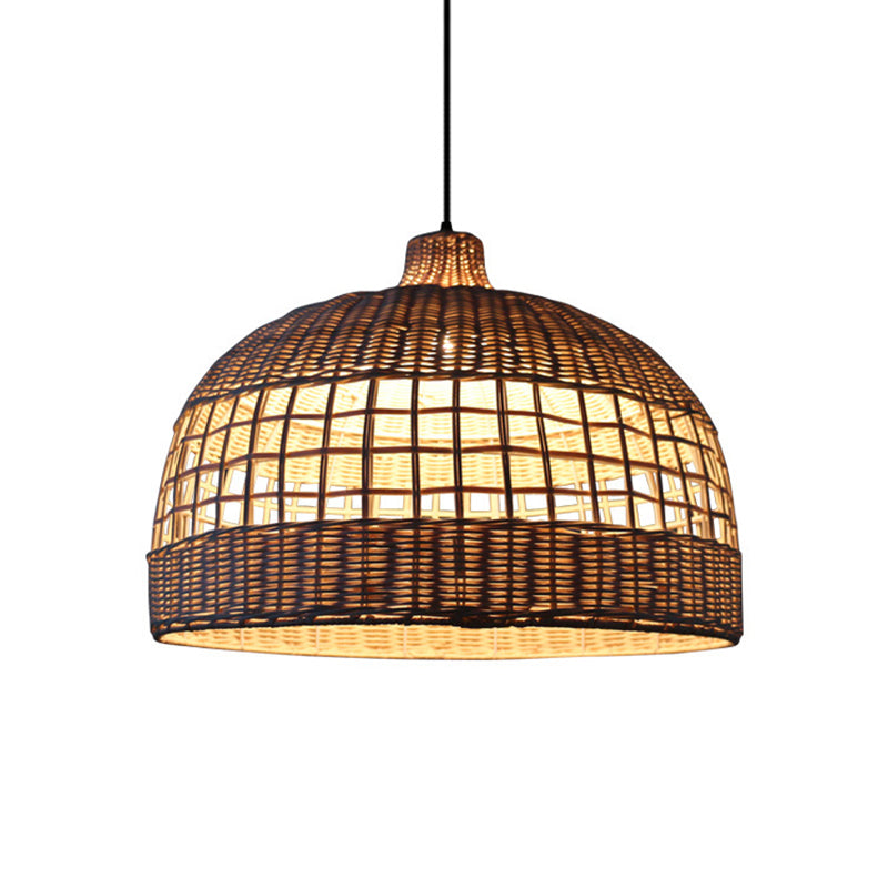 Rustic Woven Rattan Pendant Lamp - Brown Domed Ceiling Drop Light For Cafe Restaurant