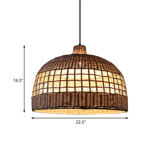 Rustic Woven Rattan Pendant Lamp - Brown Domed Ceiling Drop Light For Cafe Restaurant