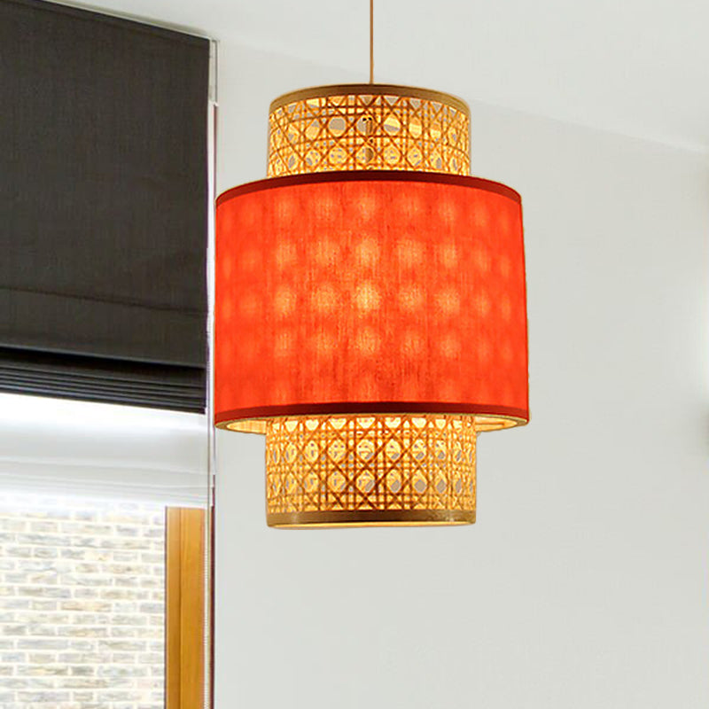 1-Bulb Asian Style Hanging Light: Bamboo & Fabric Shade Red/White Cylinder Ceiling Fixture For