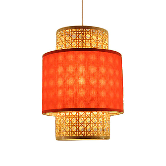 1-Bulb Asian Style Hanging Light: Bamboo & Fabric Shade Red/White Cylinder Ceiling Fixture For