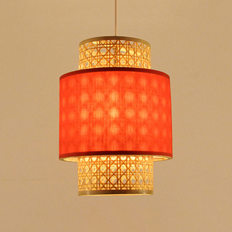 1-Bulb Asian Style Hanging Light: Bamboo & Fabric Shade Red/White Cylinder Ceiling Fixture For