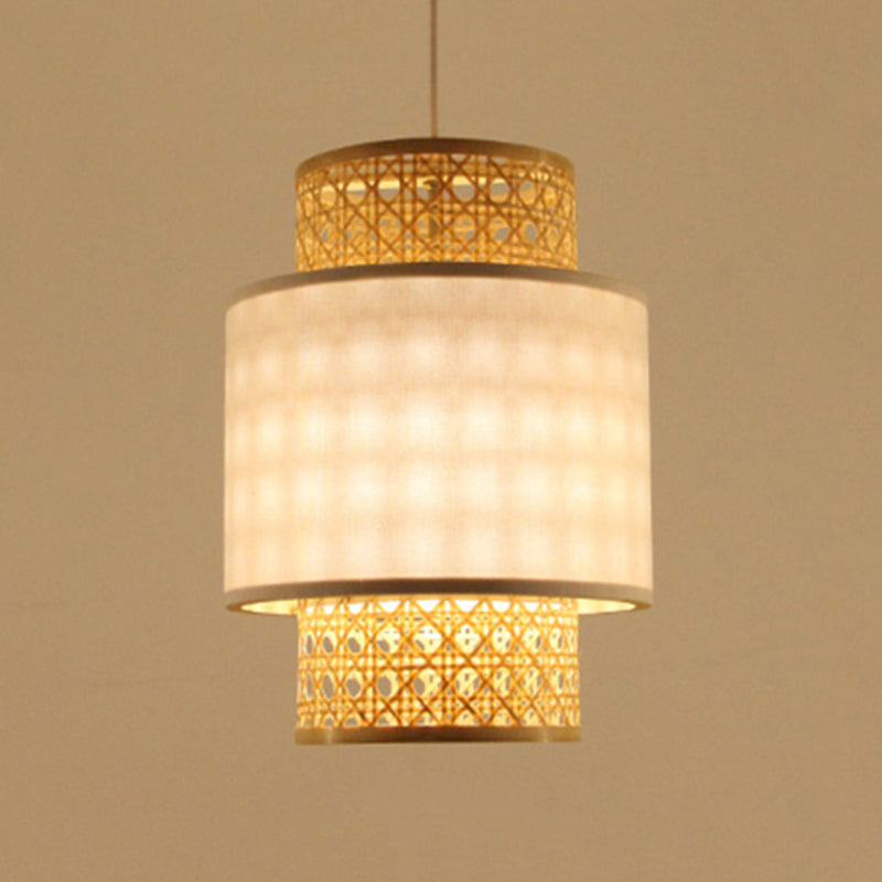 1-Bulb Asian Style Hanging Light: Bamboo & Fabric Shade Red/White Cylinder Ceiling Fixture For