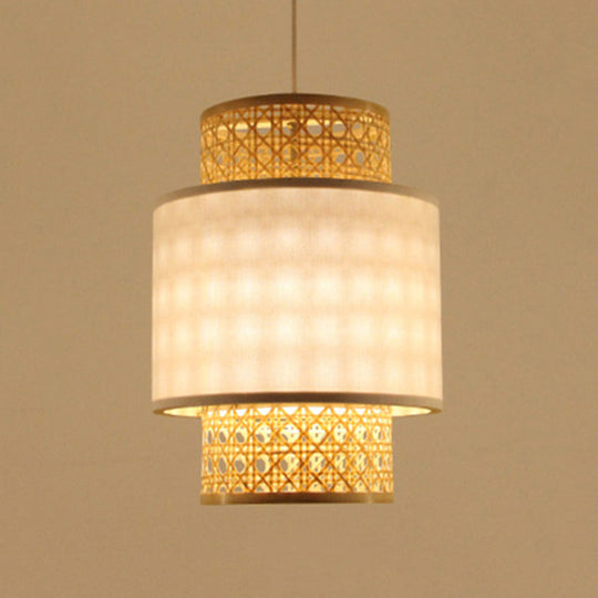 1-Bulb Asian Style Hanging Light: Bamboo & Fabric Shade Red/White Cylinder Ceiling Fixture For