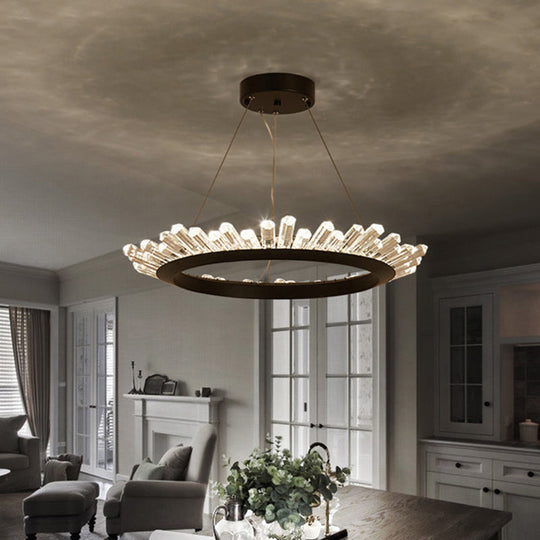 Modern Black/Gold Ring Pendant Chandelier With Crystal Accents - Led Light In White/Warm Living Room