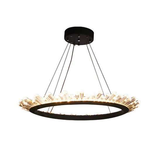 Modern Black/Gold Ring Pendant Chandelier With Crystal Accents - Led Light In White/Warm Living Room