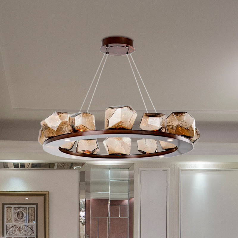 Modernist Amber Glass Chandelier Pendant Light With Multi Lights And Led Brown Hanging Design