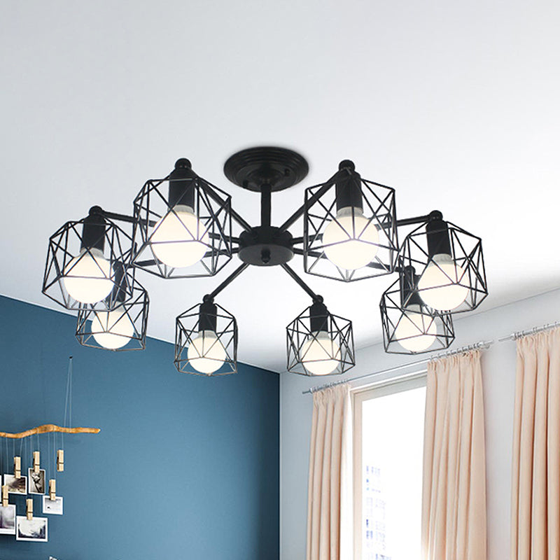 Retro Style Black Metal Semi Flush Pendant Light with Global Cage Shade for Living Room - 6/8 Lights Spider Semi Flush Light