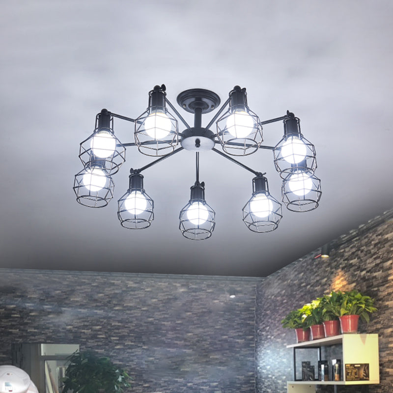 Retro Style Black Metal Semi Flush Pendant Light with Global Cage Shade for Living Room - 6/8 Lights Spider Semi Flush Light