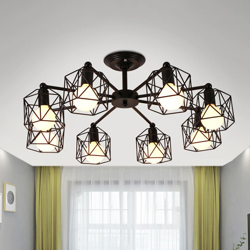 Retro Style Black Metal Semi Flush Pendant Light with Global Cage Shade for Living Room - 6/8 Lights Spider Semi Flush Light