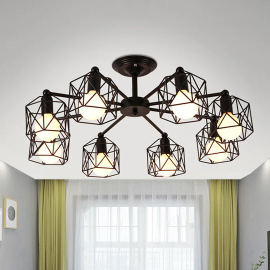 Retro Style Black Metal Semi Flush Pendant Light With Global Cage Shade For Living Room - 6/8 Lights