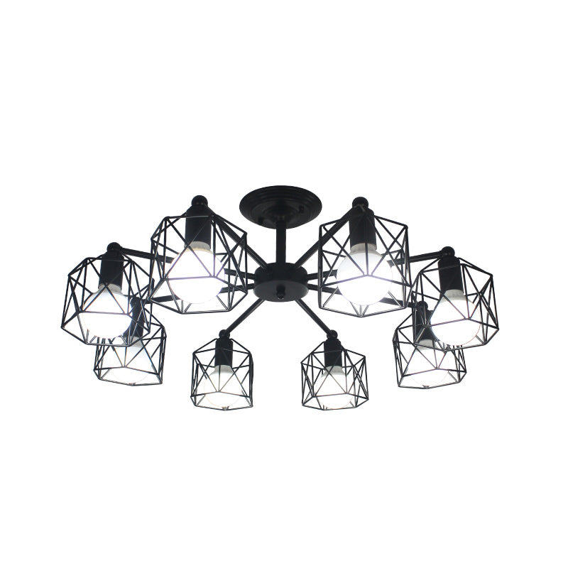 Retro Style Black Metal Semi Flush Pendant Light with Global Cage Shade for Living Room - 6/8 Lights Spider Semi Flush Light