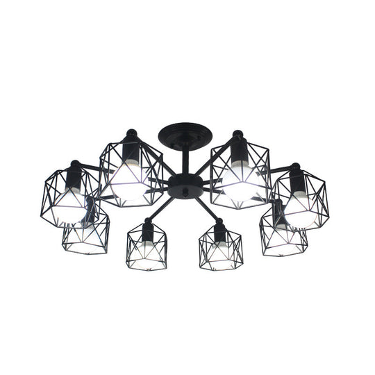 Retro Style Black Metal Semi Flush Pendant Light With Global Cage Shade For Living Room - 6/8 Lights