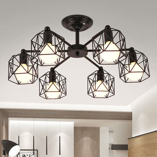 Retro Style Black Metal Semi Flush Pendant Light with Global Cage Shade for Living Room - 6/8 Lights Spider Semi Flush Light