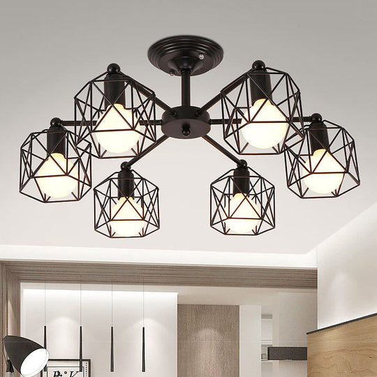 Retro Style Black Metal Semi Flush Pendant Light With Global Cage Shade For Living Room - 6/8 Lights