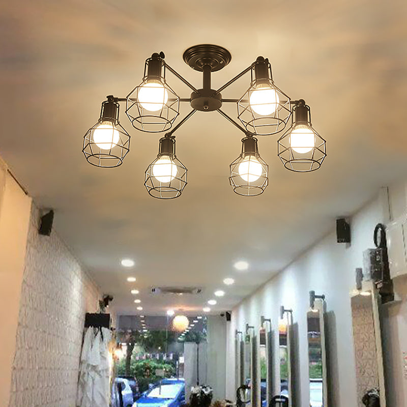 Retro Style Black Metal Semi Flush Pendant Light with Global Cage Shade for Living Room - 6/8 Lights Spider Semi Flush Light